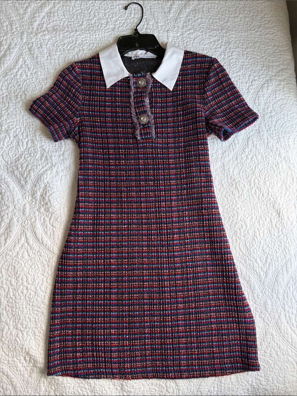 Zara Navy, Pink & White Tweed Mini Dress